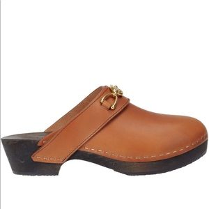 Celine clogs brown leather gold buckle